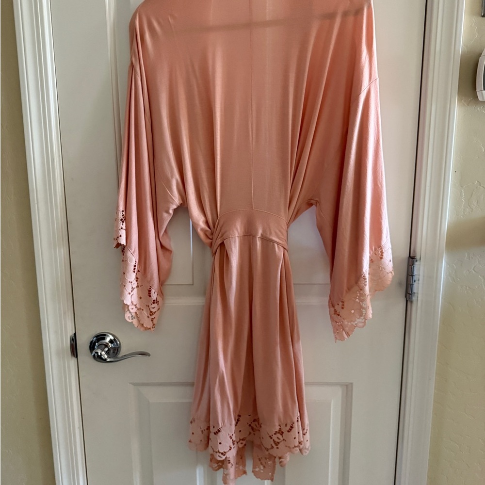 $148 Eberjey Women's Pink(peachy) Lace Knit Kimono Sleeve Self-Tie Naya Robe  S - Picture 8 of 9